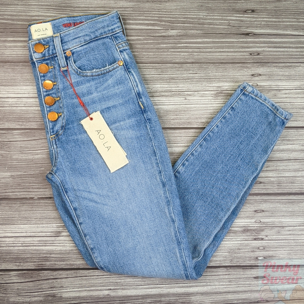 AO LA Alice +Olivia High Rise Button Fly Distressed Skinny Light Wash Jeans 24
